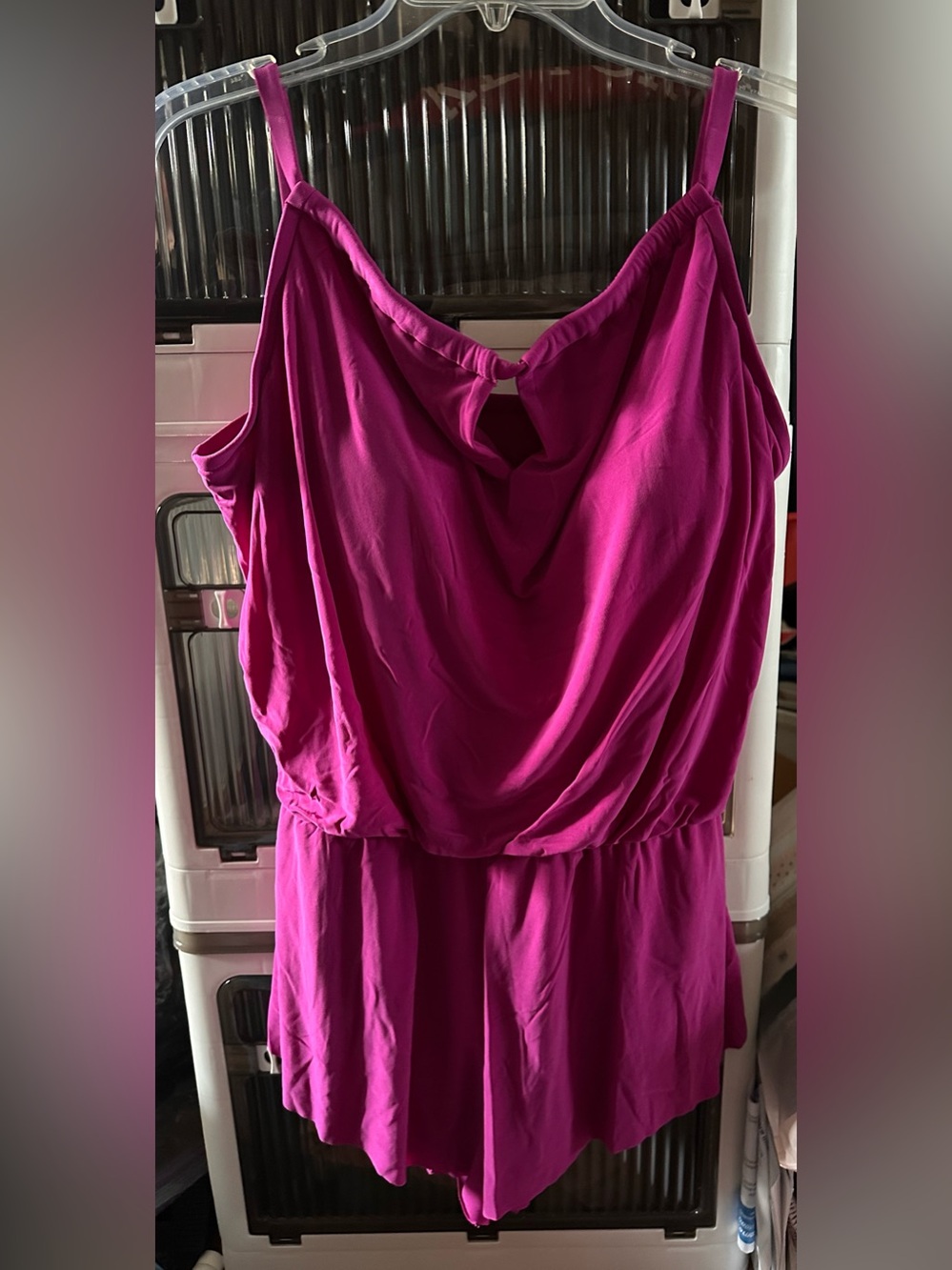 Aqua Green One-Shoulder Fuchsia Draped Romper Dress